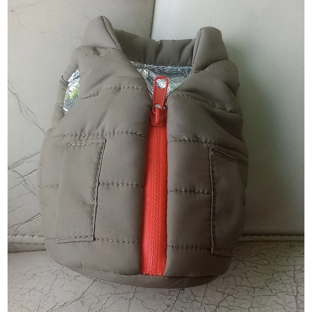 Puffin Beverage Jacket Can Cooler Koozie Olive Green Puffer Vest Orange Zipper
